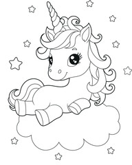 Black and white printable Unicorn coloring pages for kids. Children's coloring books with cute unicorn cartoon characters, fun and educational materials for kindergarten.
