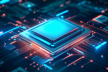 A futuristic microchip glowing amidst a complex circuit board, showcasing a vibrant blue and orange color scheme.