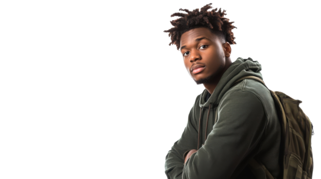 Young man poses confidently with backpack, showcasing a casual yet stylish look in a bright setting