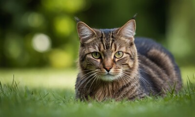 Adorable Tabby Cat Relaxing in Lush Green Grass