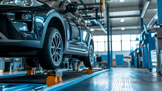 Automotive service center with vehicle undergoing mechanical inspection  -  