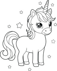 Black and white printable Unicorn coloring pages for kids. Children's coloring books with cute unicorn cartoon characters, fun and educational materials for kindergarten.
