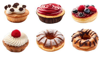 Assorted gourmet desserts with cupcakes and donuts featuring cream and berries