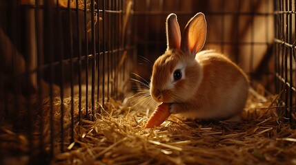 Obraz premium A rabbit nibbling on a carrot inside a small wire cage, with straw spread across the floor.