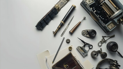 Fototapeta premium Vintage stationery and tools arranged on a clean surface, showcasing craftsmanship and history
