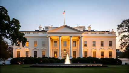 Obraz premium White House in Golden Light Representing Leadership. Perfect for: Political campaigns, governance reports, national leadership themes
