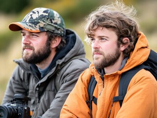 Obraz premium Two rugged men with beards and outdoor gear sitting in nature engaged in deep conversation showing adventure spirit teamwork and rugged lifestyle in wilderness photography