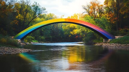 A vibrant rainbow-colored arch bridge spanning over a calm river, surrounded by lush green trees with autumn foliage, reflecting the colors of the bridge in the water below.