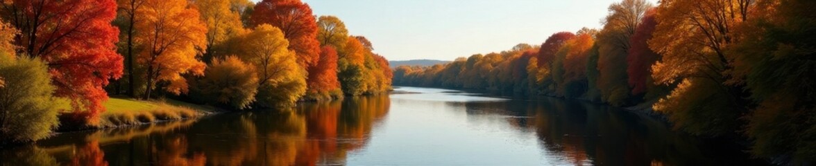 Fototapeta premium Fox River flowing through Appleton, Wisconsin Autumn foliage , vibrant, sunny, image