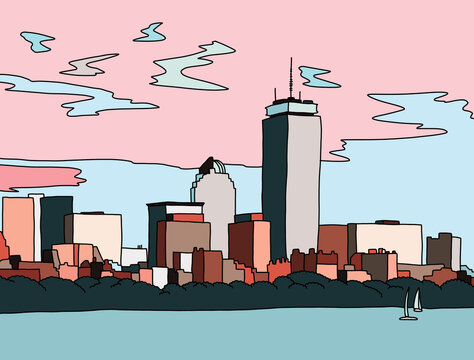Boston Skyline with Pink and Blue Sky