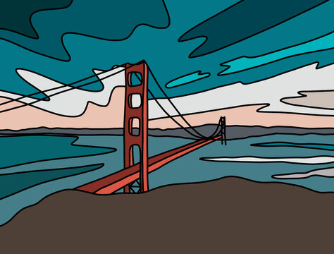 Golden Gate Bridge with Blue Sky Background. San Francisco River Sunset and Clouds