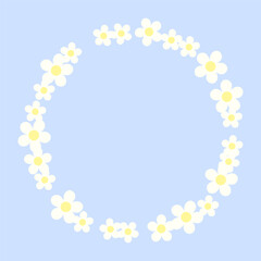 Round frame of flowers. Circle of flowers, daisies. White flowers on a blue background. Chamomile. Flat vector illustration.