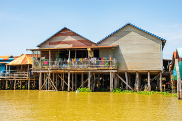 The Floating Village houses on Tonle Sap Lake in Siem Reap, Cambodia.