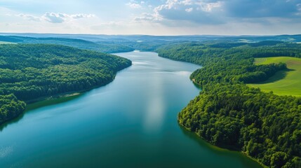 Aerial View of Serene River Winding Through Lush Green Forest