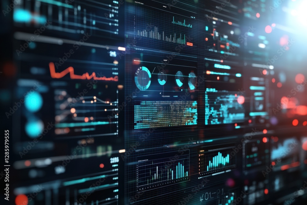Poster vibrant digital dashboard displaying complex data visualizations and analytics at a futuristic techn