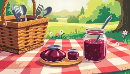 Fototapeta premium Picnic basket with jars of jam on a checkered tablecloth in nature