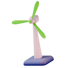 Colorful 3D render of a windmill with green blades on transparent background, representing renewable energy, eco solutions, and environmental technology for sustainability.