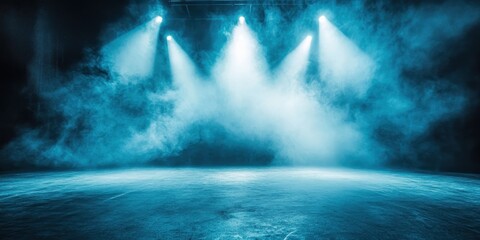 Stage shrouded in fog, illuminated by a sharp spotlight, creating a dramatic atmosphere for performers.