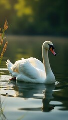 Obraz premium Serene swan glides on tranquil lake, sunlit reeds , scenic, beauty, wild