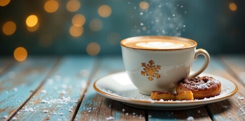 Obraz premium Snowflake-adorned coffee cup rests on plate beside warm cinnamon rolls , holiday, plate, winter wonderland