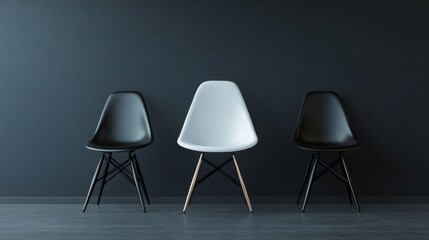 White chair standing out from black chairs, sleek grey studio, 3D render, business leadership