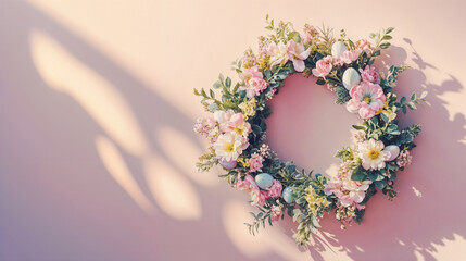 Floral Easter wreath with pastel flowers and eggs on pink wall