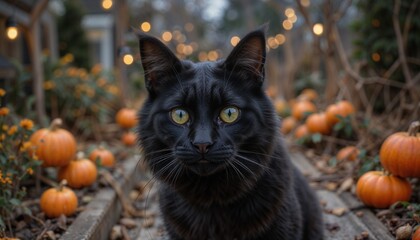Fototapeta premium Black cat among pumpkins with Halloween lights.