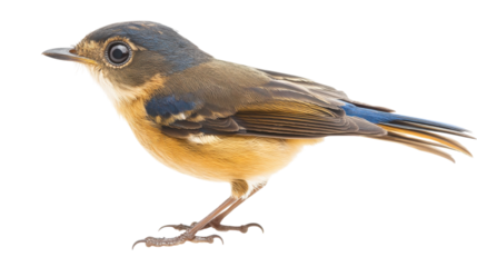Colorful small bird perched with striking blue and orange feathers in natural pose, showcasing its delicate features