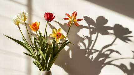 Tulips and daffodils casting shadows on a sunlit wall