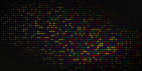 Colorful halftone dots. Rainbow and black geometric gradient for pop art designs. Geometric vintage monochrome fade wallpaper. Pop art print. Dotted geometric retro pattern. Comic halftone background.