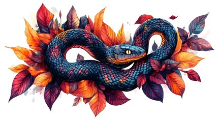 Naklejka premium Coiled Snake Amid Autumn Foliage with Vibrant Leaves