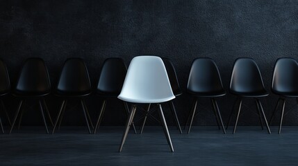 White chair stands out in a black chair lineup, dark textured background, 3D render, uniqueness theme