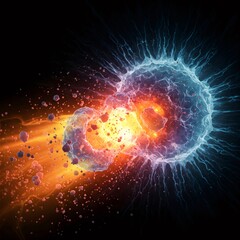 Fototapeta premium Two cells colliding and exploding in a fiery and icy collision