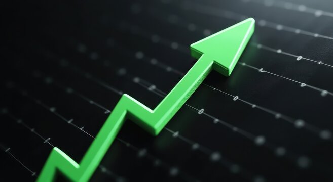 Green arrow showing growth on dark background with grid lines