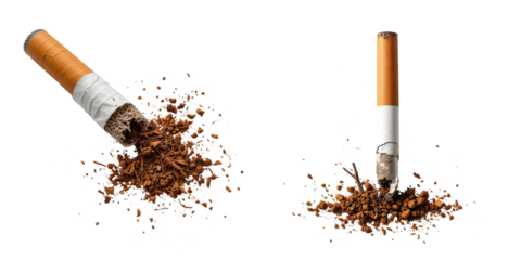 Crushed cigarette with bent paper and spilled tobacco on a plain white surface

