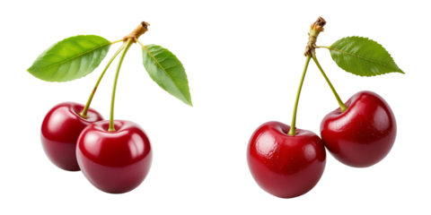 Two bright cherries with a twisted stem and fresh green leaf