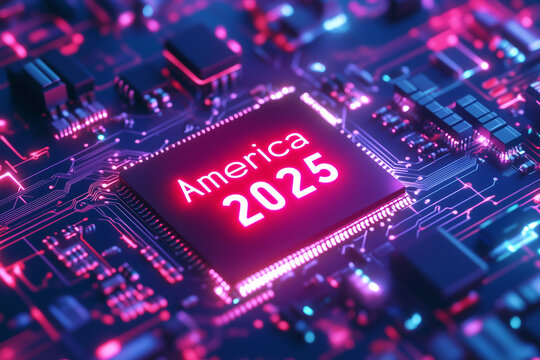 An abstract glowing circuit board with America 2025 etched into the central chip. - Powered by Adobe