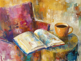 Artistic Painting of Coffee Cup and Open Book in Warm Tones