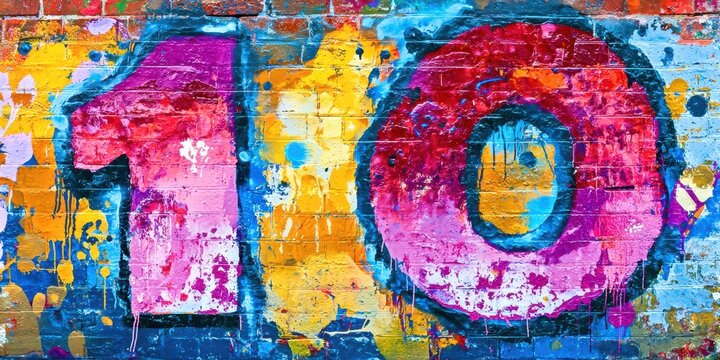 Colorful wall with the number 10 in pink and blue - Powered by Adobe