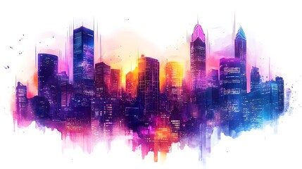 Obraz premium Colorful Cityscape with Glowing Skyscrapers at Sunset or Sunrise