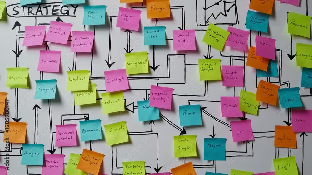 Poster Business strategy development unfolds in slow motion, depicted with colorful sticky notes arranged on a whiteboard, illustrating a complex process with interconnected concepts