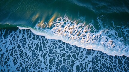 Fototapeta premium Aerial View of Ocean Waves Crashing on the Shore at Sunset