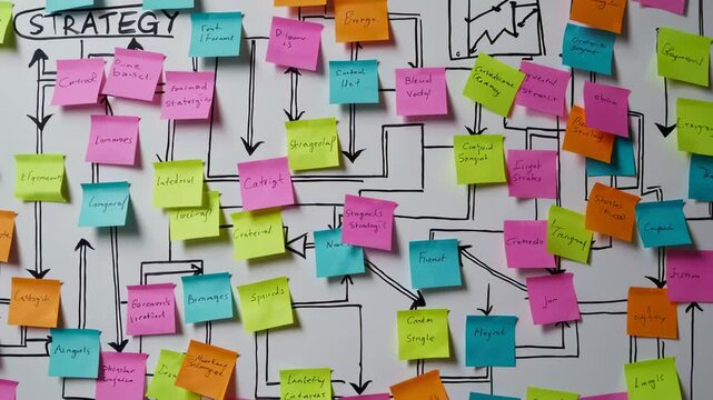 Business strategy development unfolds in slow motion, depicted with colorful sticky notes arranged on a whiteboard, illustrating a complex process with interconnected concepts