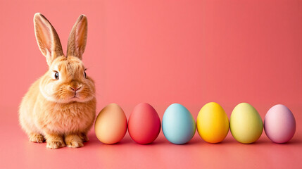 Adorable brown bunny with colorful Easter eggs on pink background
