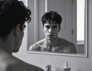 portrait of a young man looking in mirror