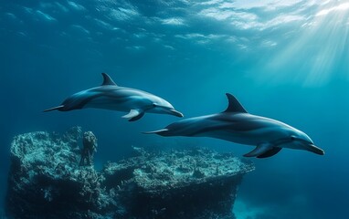 Fototapeta premium Dolphins and artificial reef supporting marine life sustainability photo