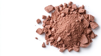 Pile of fine chocolate powder on a pristine white background, emphasizing its rich color and cocoa aroma