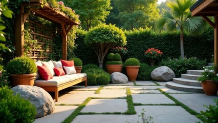 Fototapeta premium Serene Patio Oasis Wooden Pergola, Lush Greenery, and Comfortable Seating Area for Relaxation
