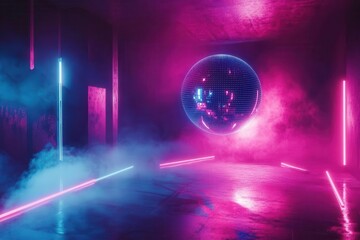 retrofuturistic nightclub scene with giant holographic disco ball casting geometric light patterns neon color scheme smoky atmosphere