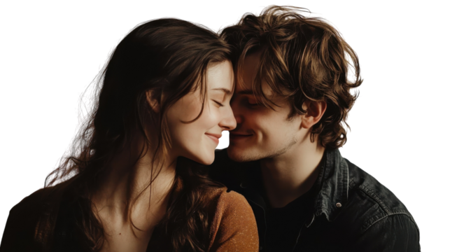 Young couple sharing an affectionate moment with smiling faces and gentle closeness in a warm setting